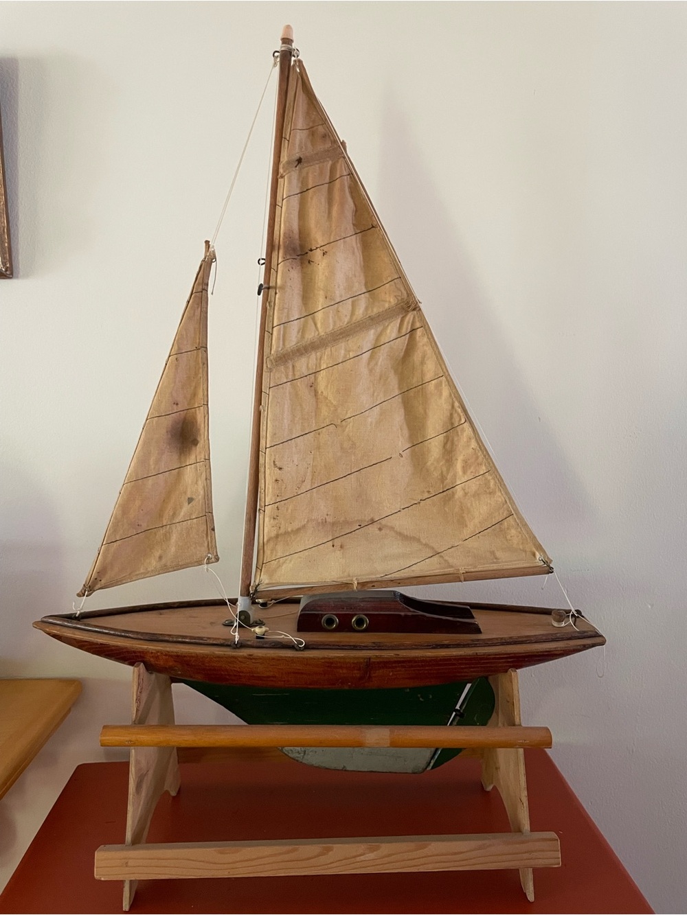 Antique or Vintage Wooden Model Sailboat with stand
